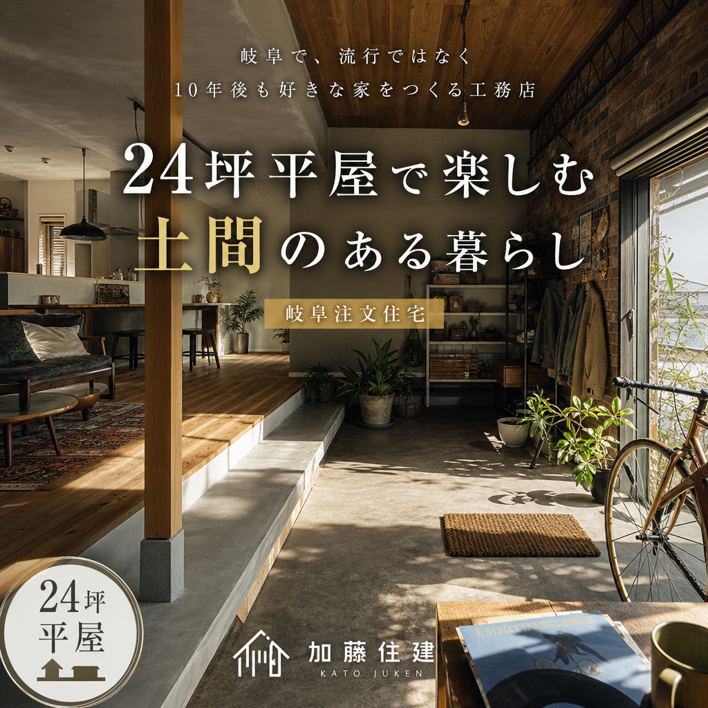 岐阜の24坪平屋住宅、広い土間リビングが魅力の自然素材に包まれた心地よい暮らしの住まい