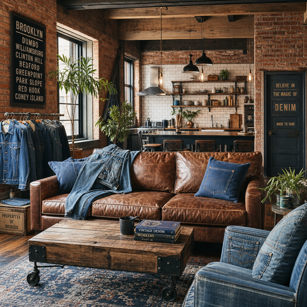 Industrial loft living room with leather sofa, denim accents, and rustic wooden furniture