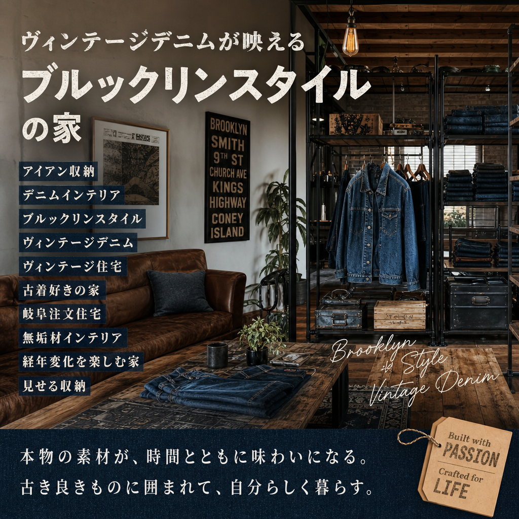Brooklyn-style vintage denim living room with rustic wood, industrial accents, and a cozy interior design.