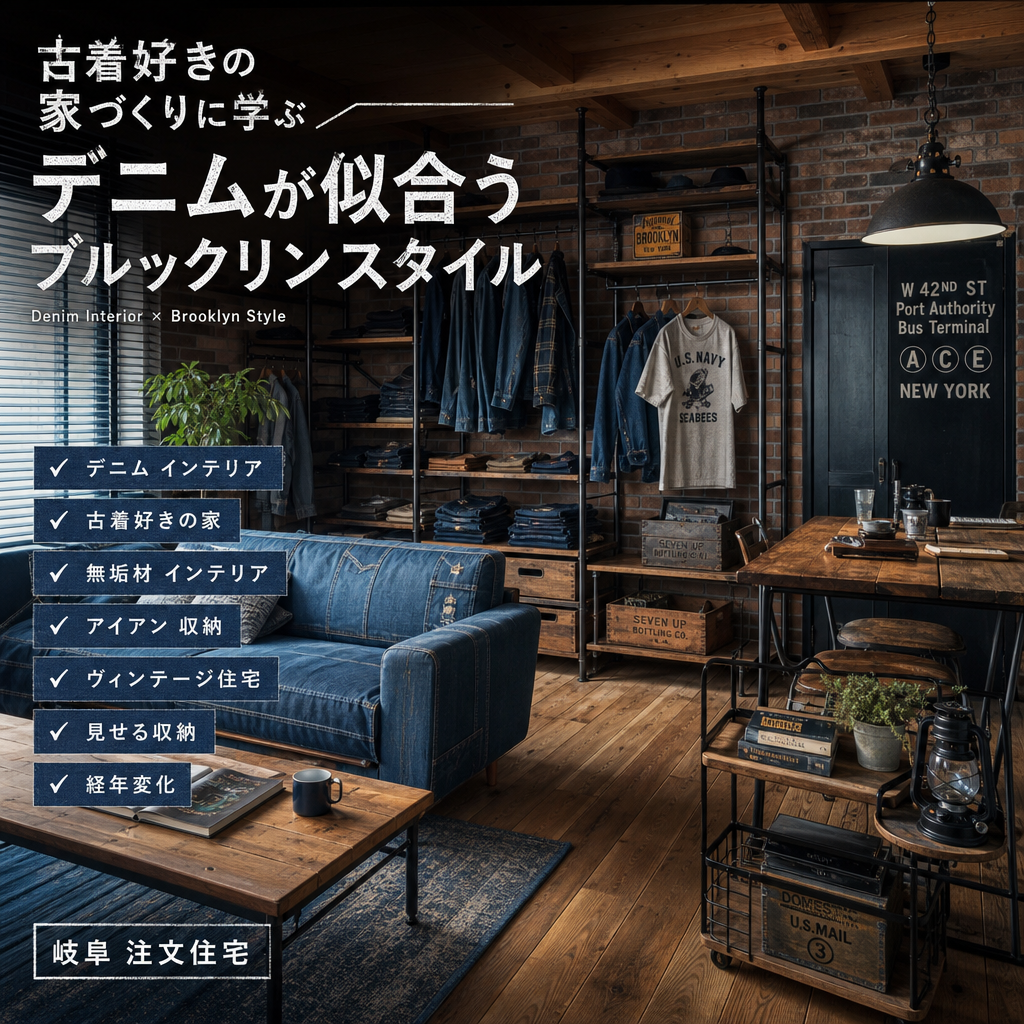 Brooklyn-style vintage interior with denim-inspired accents, wood furniture, and black iron details