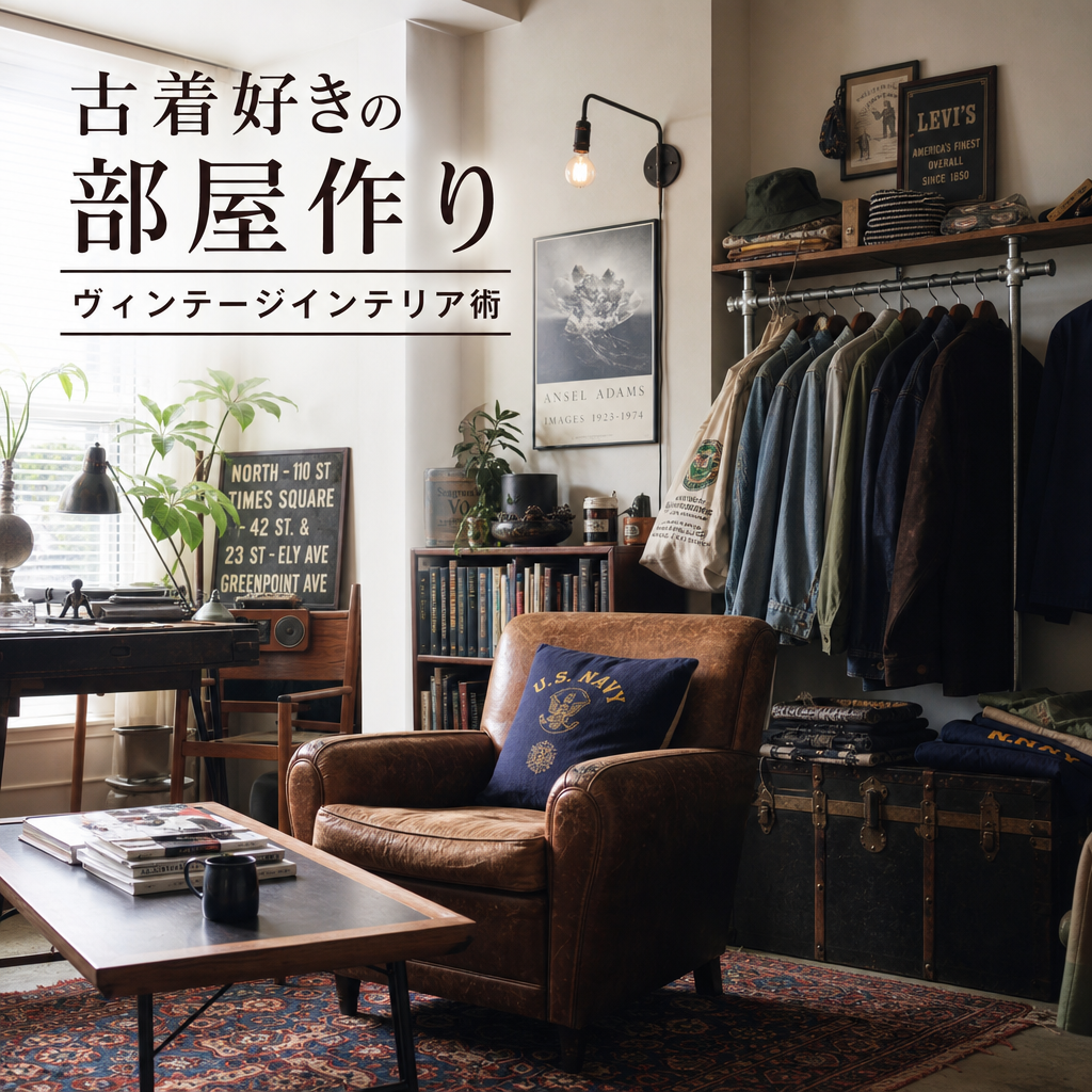 Cozy vintage-style room with a leather armchair, wooden furniture, and retro decor
