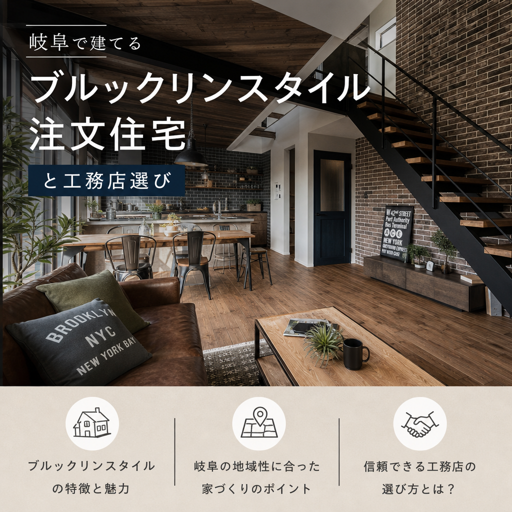 岐阜にある、素朴なレンガの壁と温かみのある木材のアクセントが特徴的な、モダンなブルックリンスタイルの注文住宅のインテリア。
