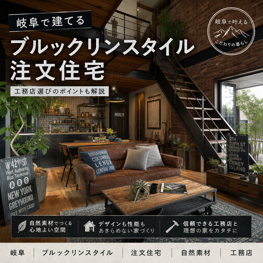 ブルックリンスタイルの注文住宅内装、レンガ壁とアイアン照明のあるリビングイメージ