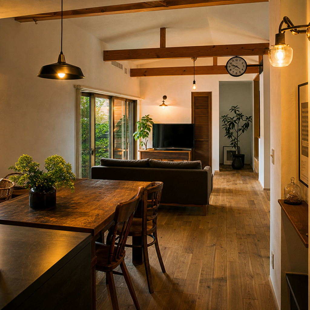 Cozy modern living room and dining area with wooden floors and warm lighting