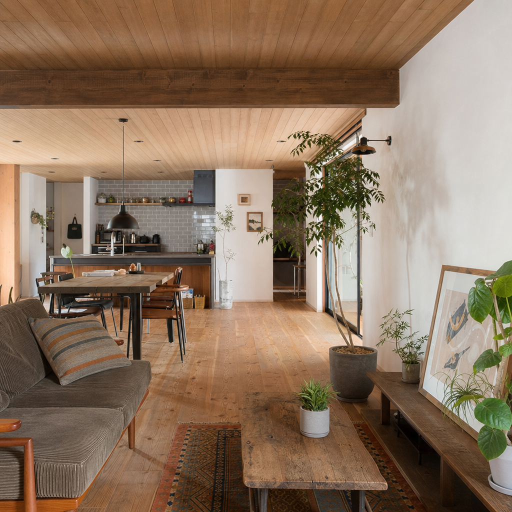 Spacious modern open-plan living and dining area with wooden floor, wood ceiling, and large windows.