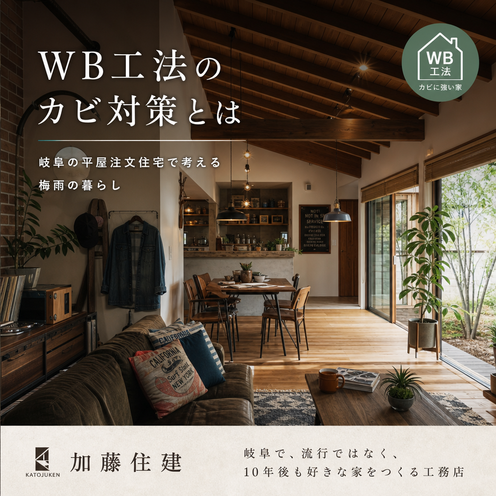 岐阜のWB工法の平屋住宅、木の素材を生かした室内でカビ対策し梅雨も快適に暮らす住宅スタ