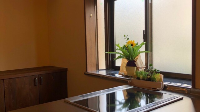 植物を飾った出窓とIHクッキングヒーター付きの木製キッチン（加藤住建）